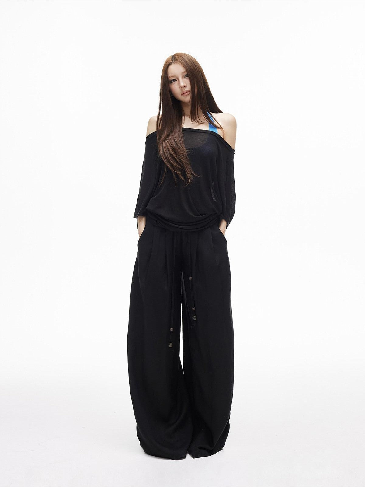 iamxiaa Breathable Textured Beaded Drawstring Double Pleat Low Rise Women&