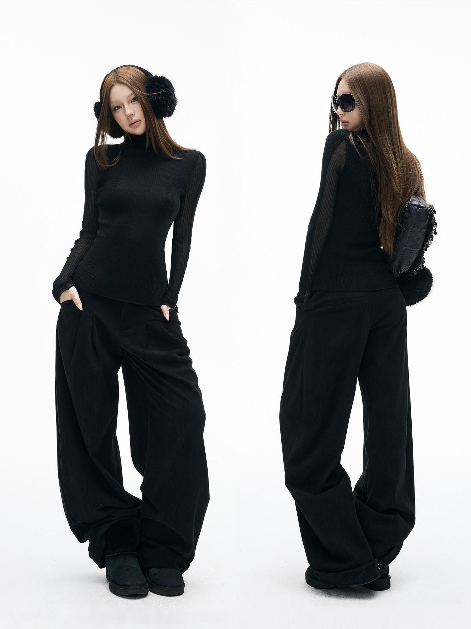 iamxiaa Brushed Double Pleat Button Cuff Curved Hem Women&