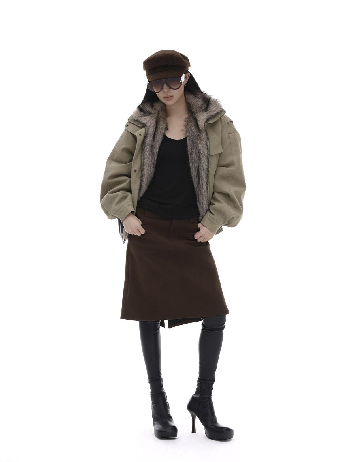 iamxiaa Coffee Brown Back Slit A Line Utilitarian Women&