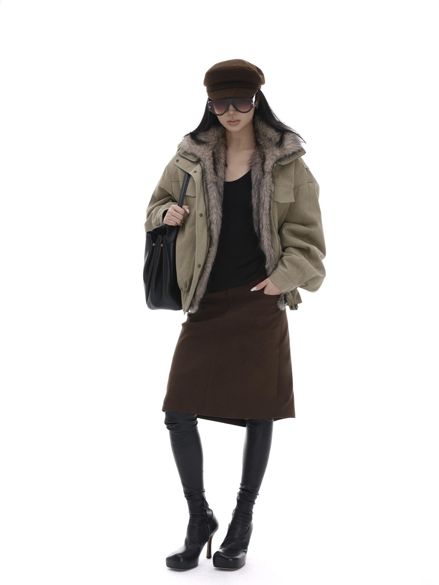 iamxiaa Coffee Brown Back Slit A Line Utilitarian Women&