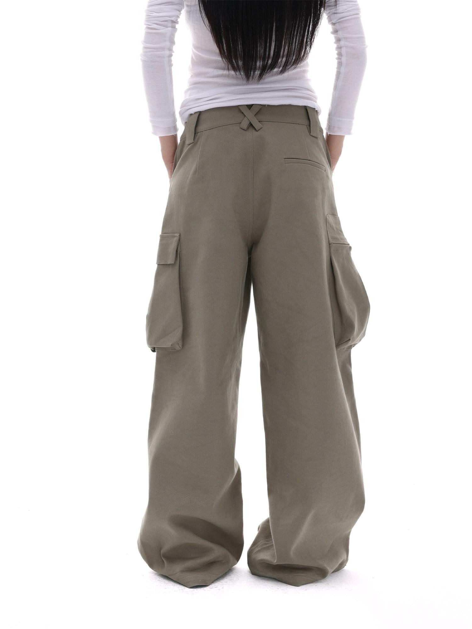 iamxiaa Coffee Multi Pocket Straight Leg Boxy Heavy Duty Women&