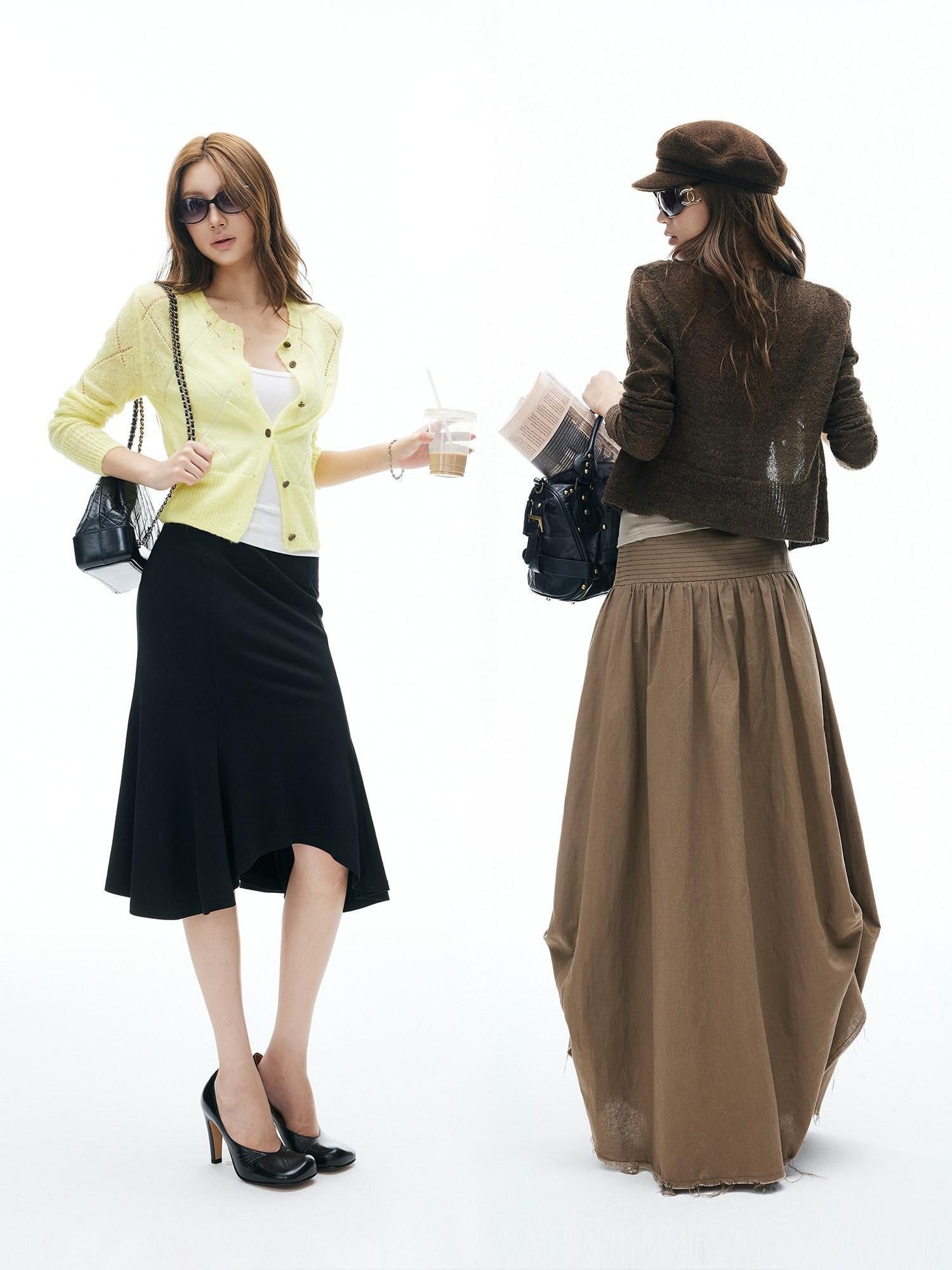 iamxiaa Coffee Yellow Two Tone Hollow Diamond Knit Women&