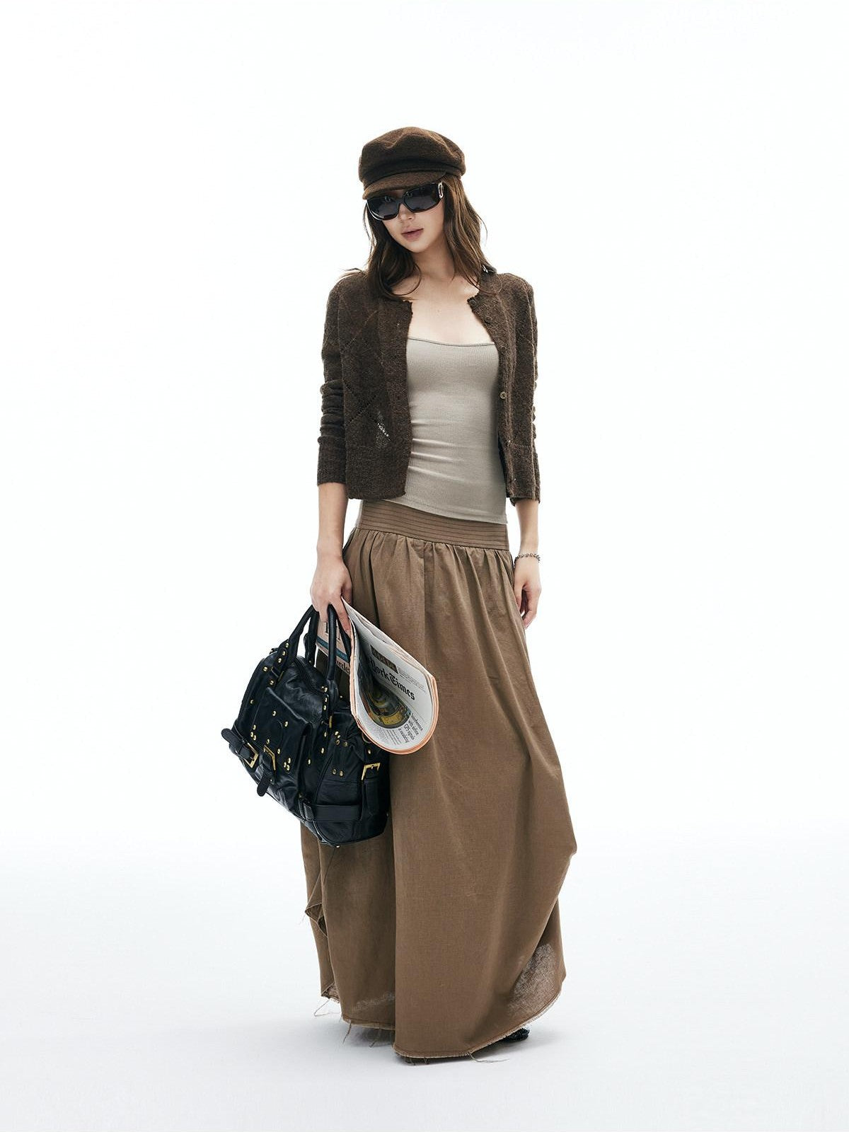 iamxiaa Coffee Yellow Two Tone Hollow Diamond Knit Women&