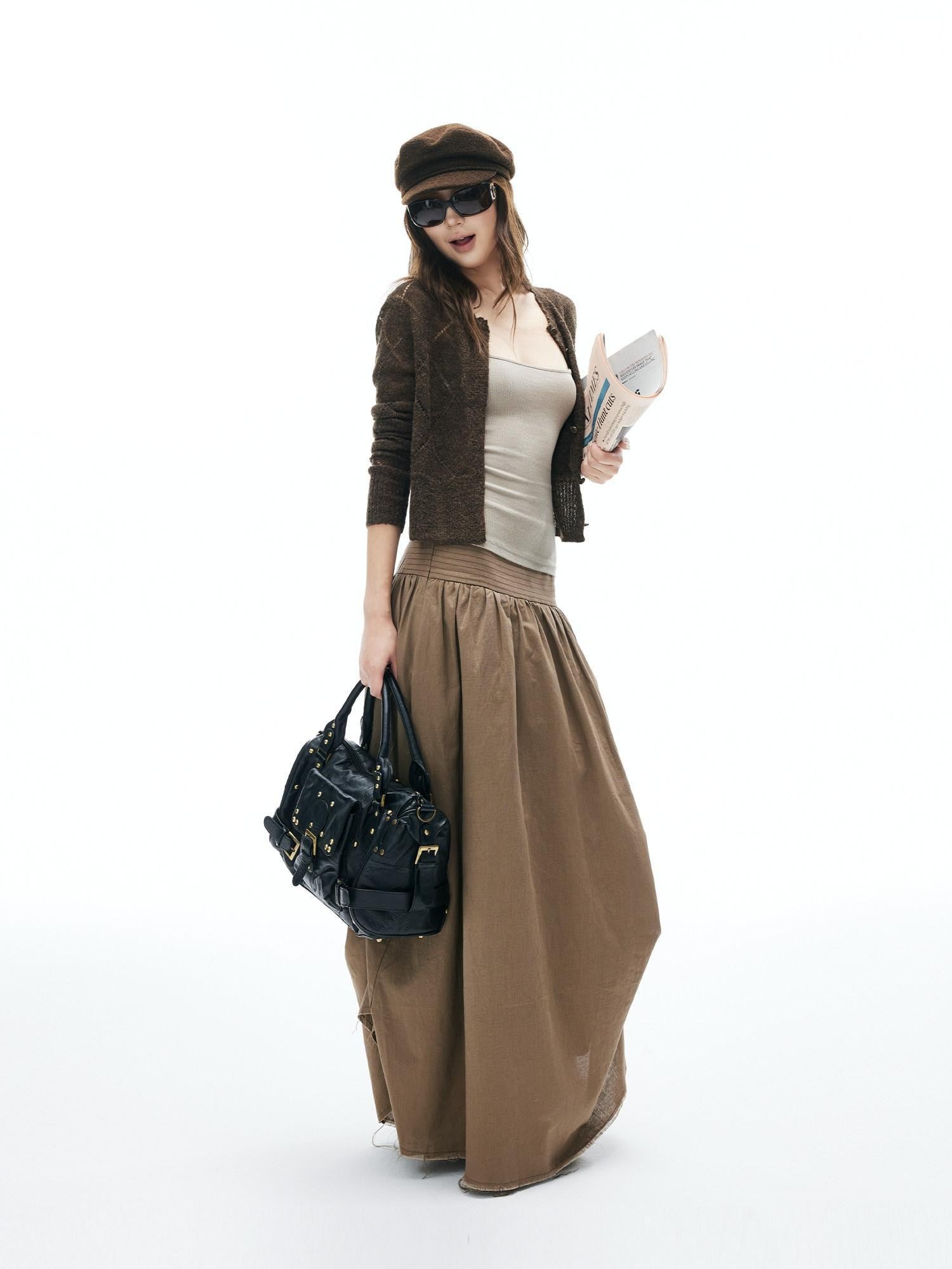 iamxiaa Coffee Yellow Two Tone Hollow Diamond Knit Women&
