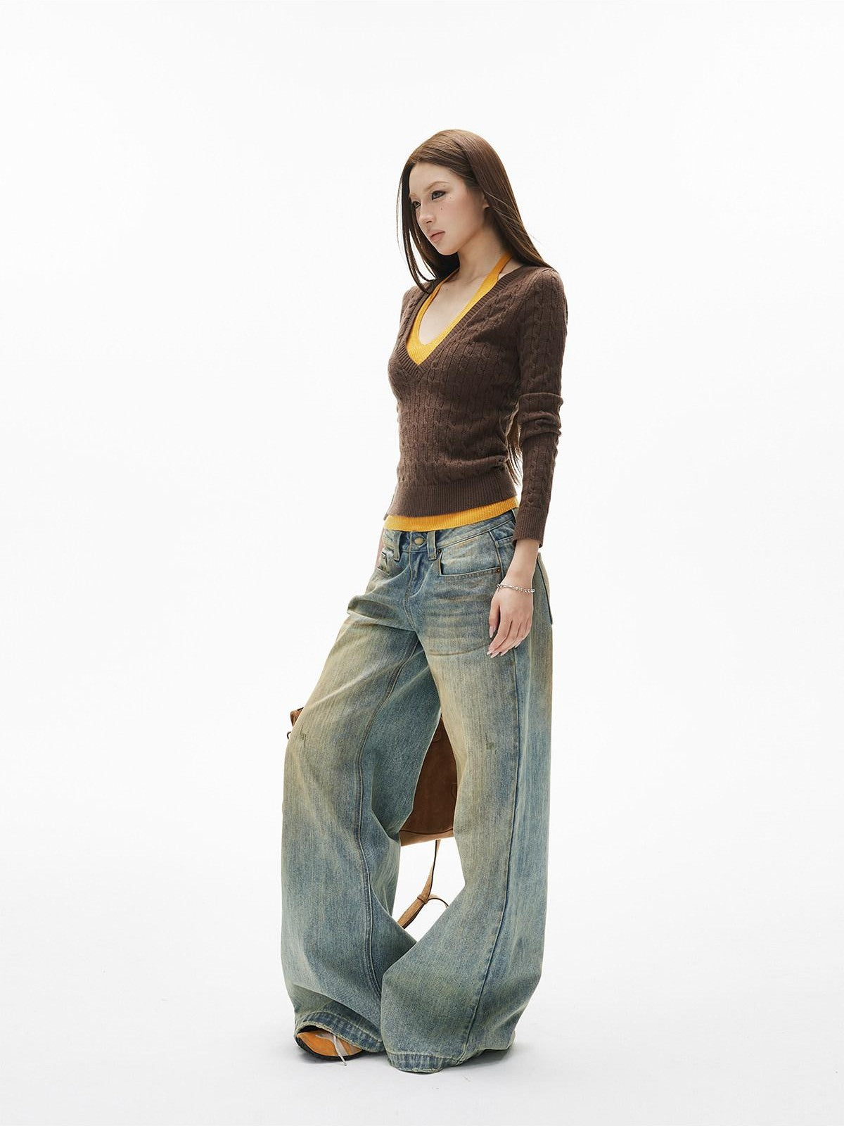 iamxiaa Contrast Cable Knit Aran Faux Two Piece Double Layer Collar Women&