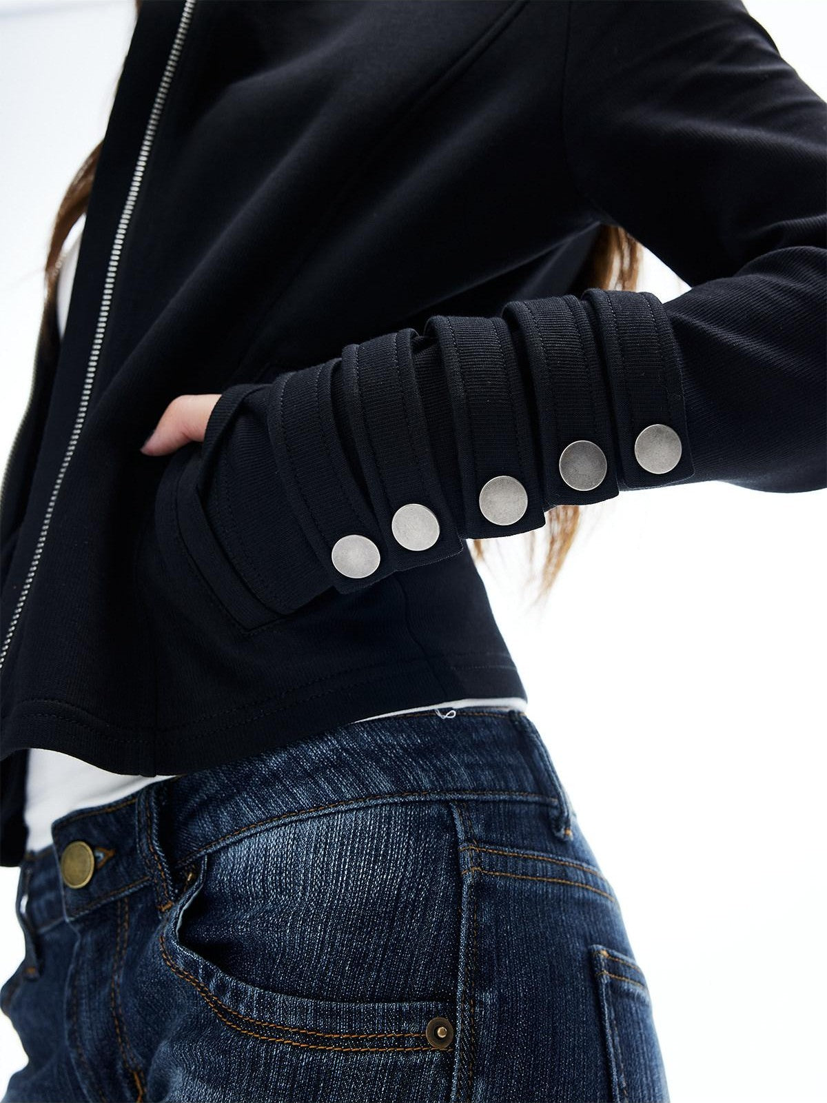 iamxiaa Cropped Asymmetrical Zip Washed Button Stand Collar Women&