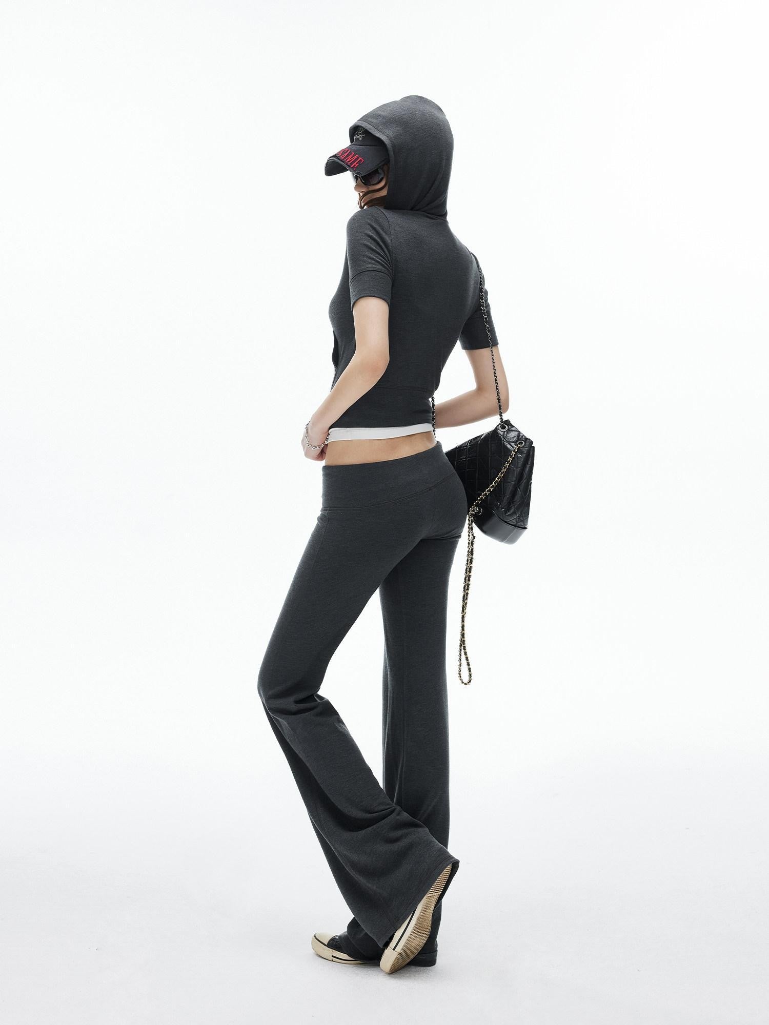 iamxiaa Cropped Hooded Slim Short Sleeve Drawstring Straight Women&