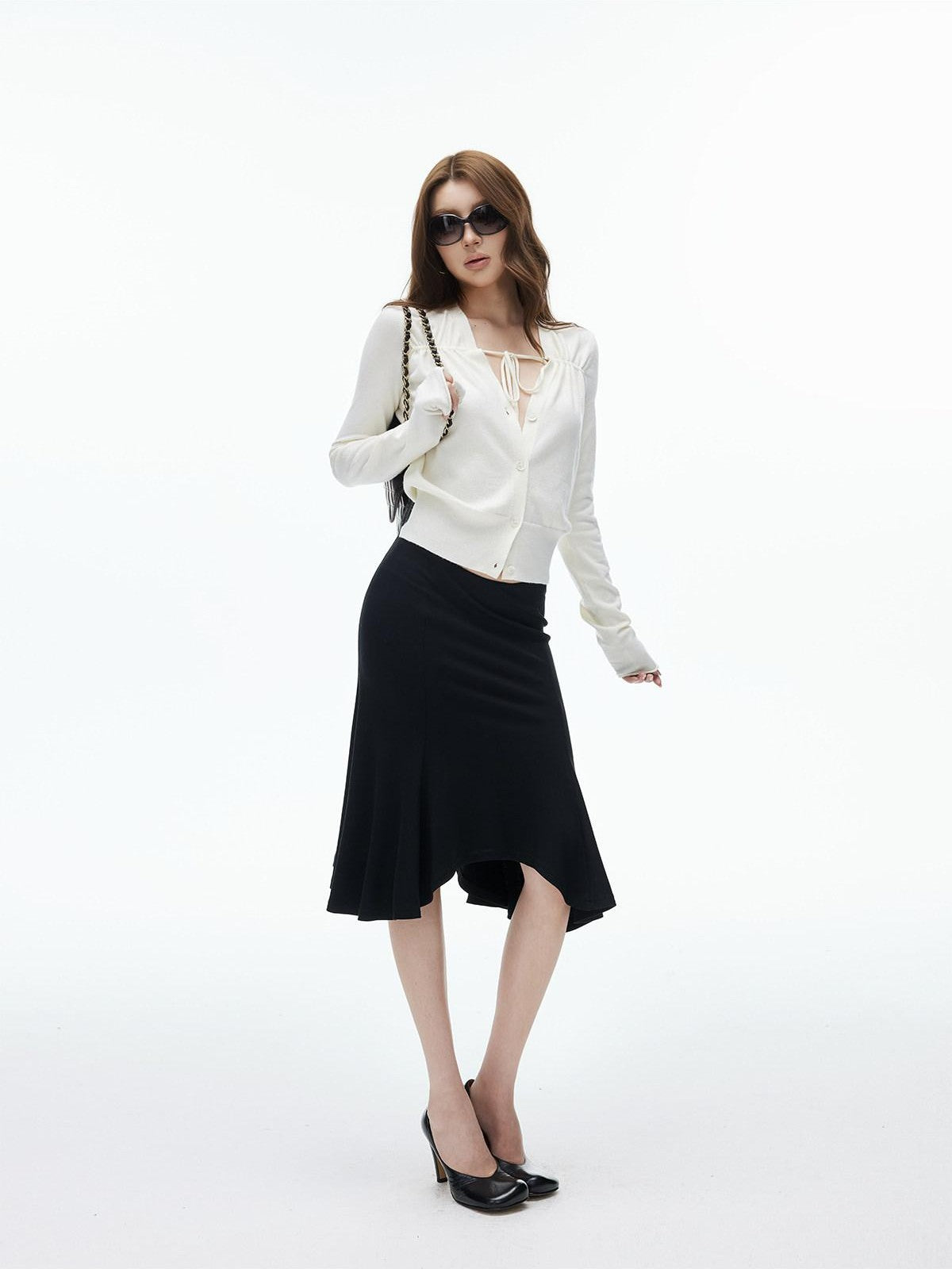 iamxiaa Cropped Ruched Button Front V-neck Women&