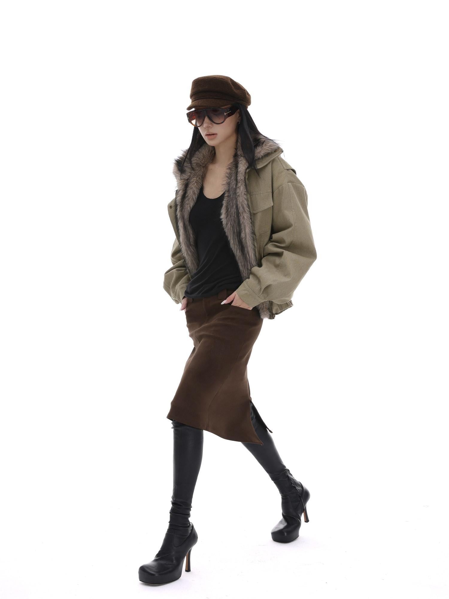 iamxiaa Detachable Fur Collar Cropped Parka Women&
