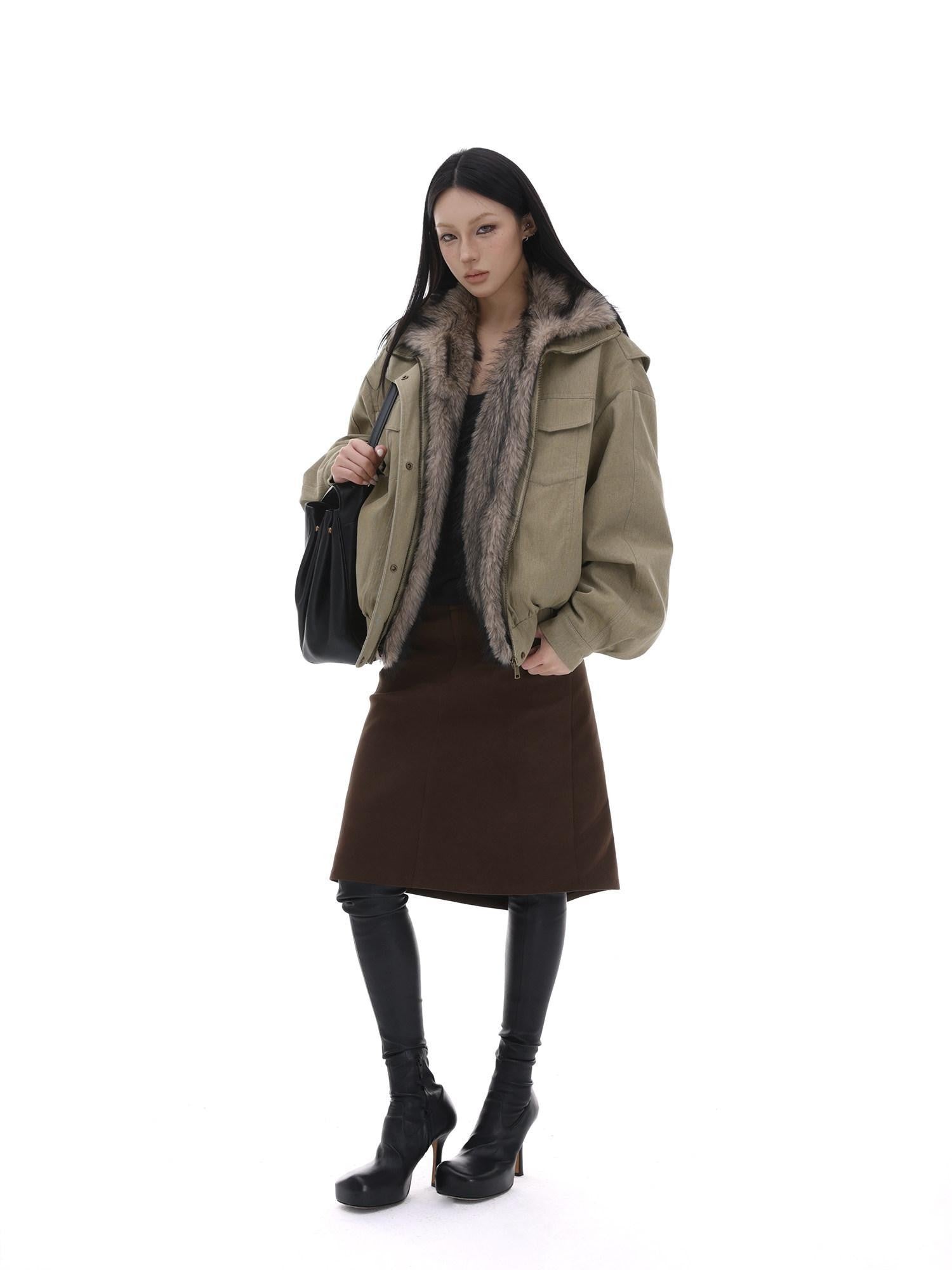 iamxiaa Detachable Fur Collar Cropped Parka Women&