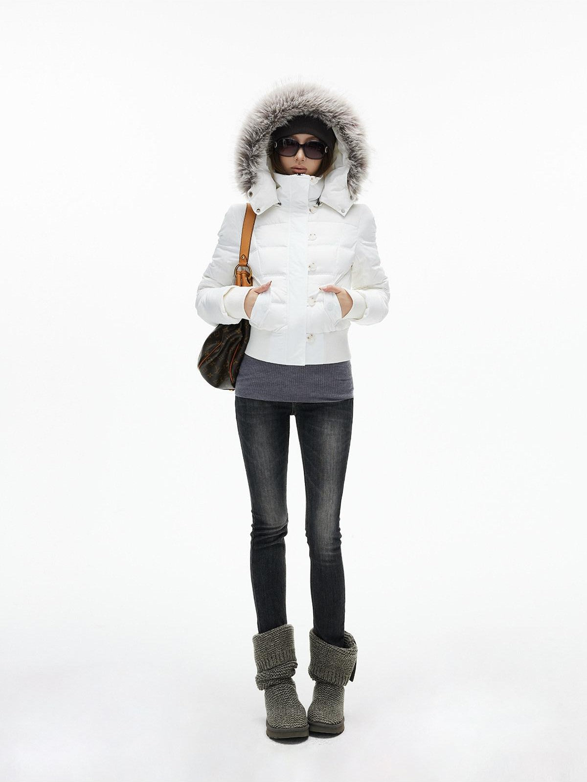 iamxiaa Detachable Hood Eco Fur Slim Short Women&