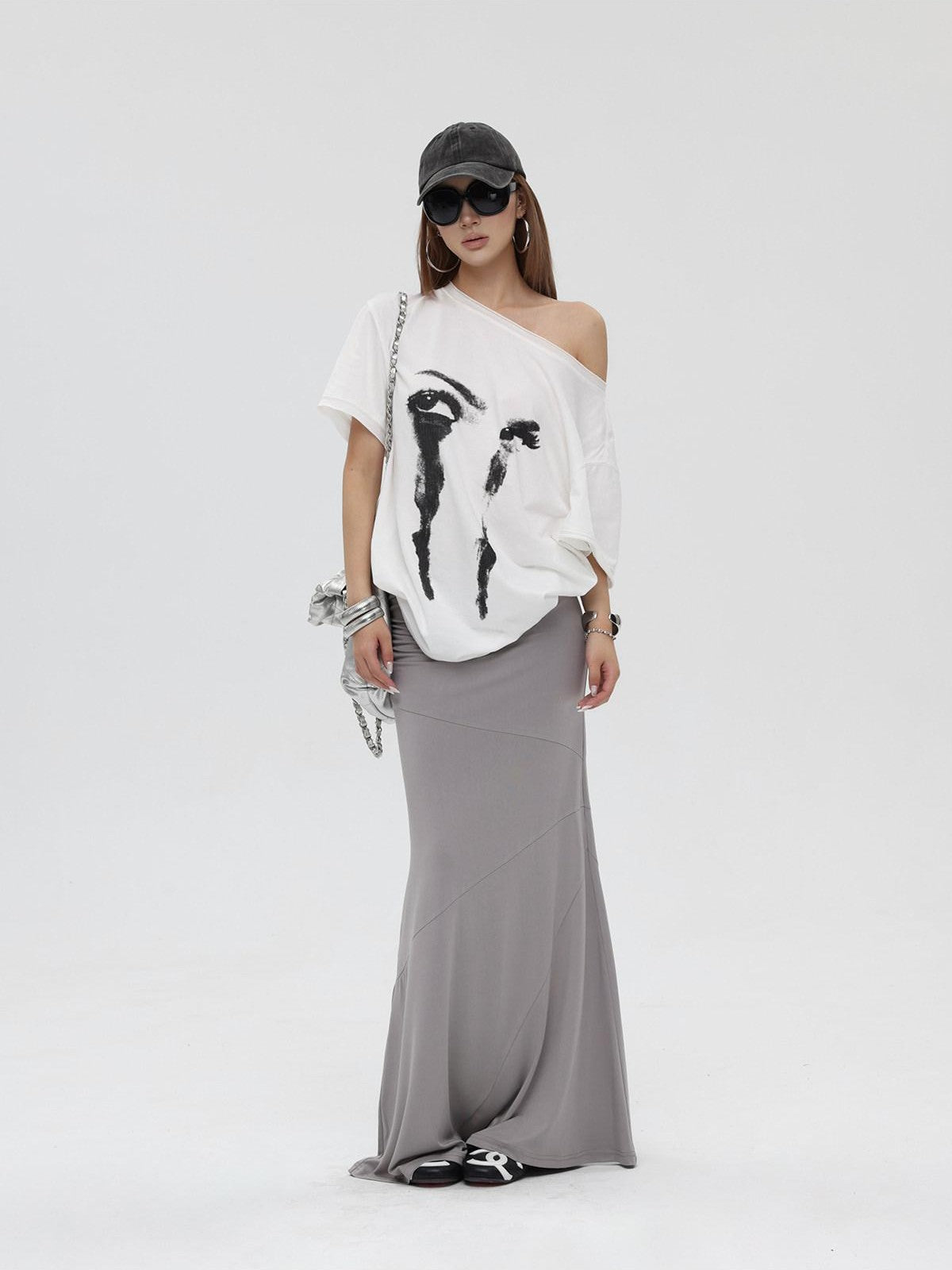 iamxiaa Distressed Print Slanted Shoulder Women&