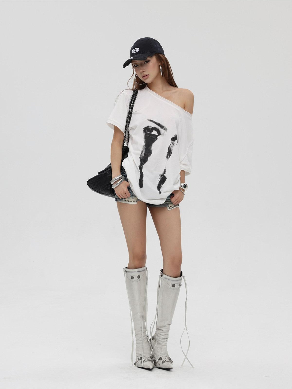 iamxiaa Distressed Print Slanted Shoulder Women&