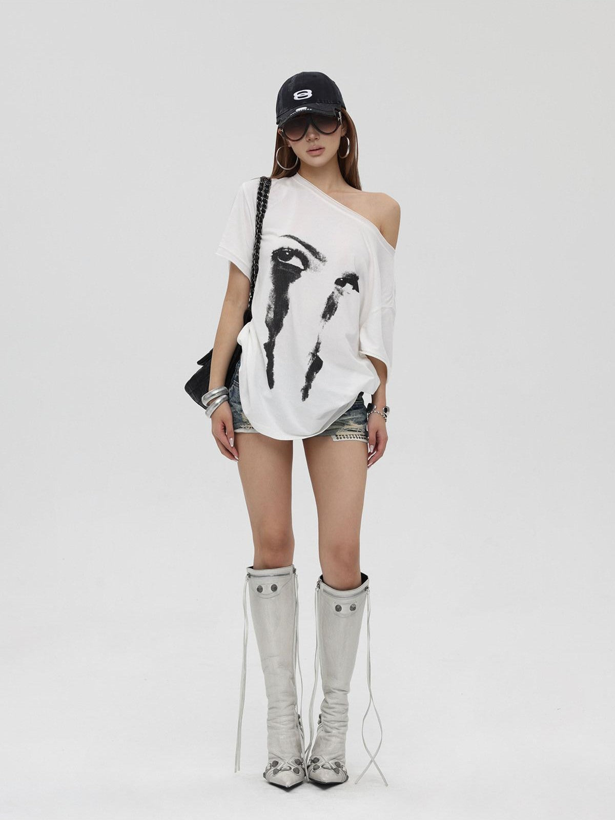 iamxiaa Distressed Print Slanted Shoulder Women&