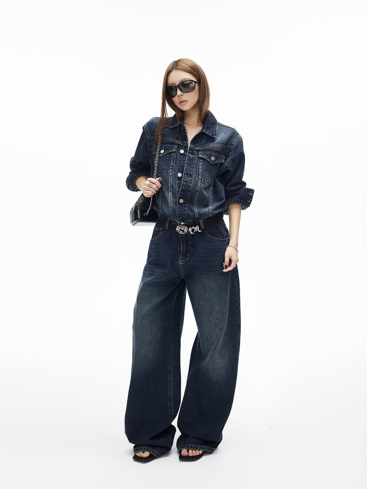 iamxiaa Distressed Washed Turn Collar Retro Women&