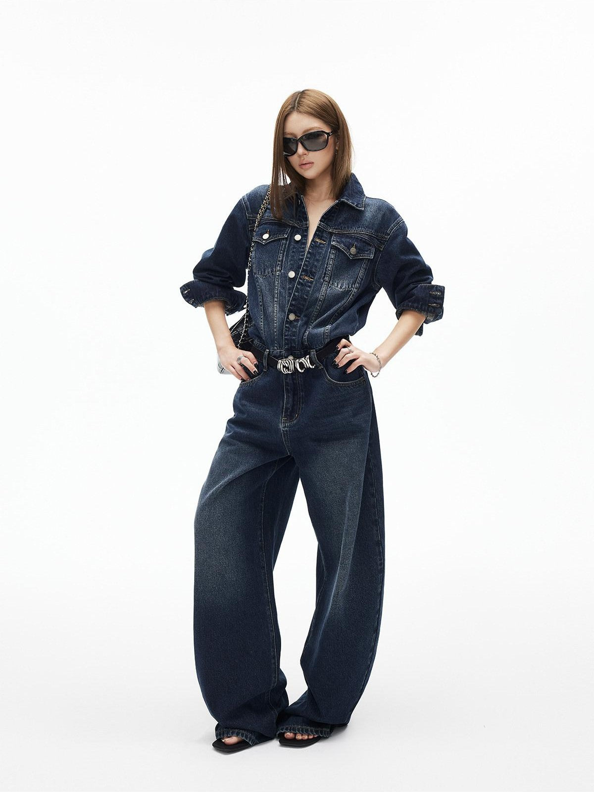 iamxiaa Distressed Washed Turn Collar Retro Women&