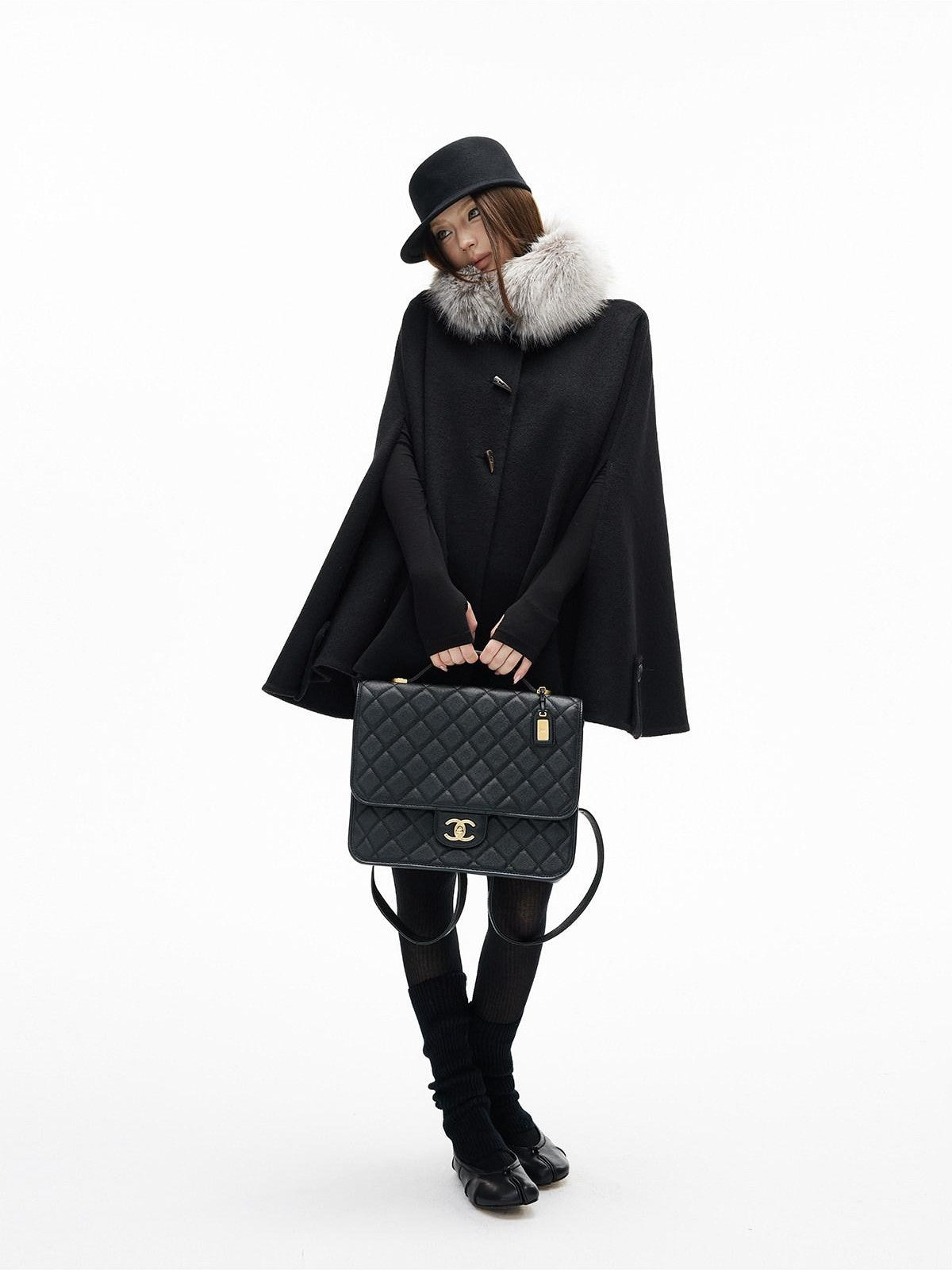 iamxiaa Double Face Stand Collar Eco Fur Horn Toggle Women&