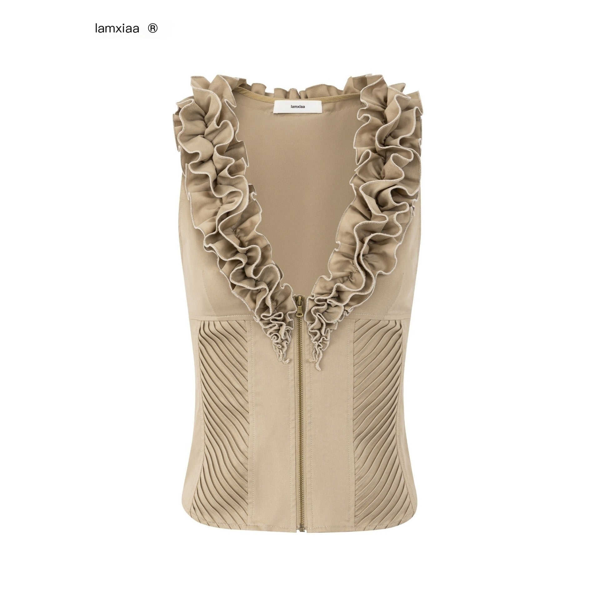 iamxiaa_Double_Ruffle_Diagonal_Pleats_Metal_Zip_Deep_V_Women&