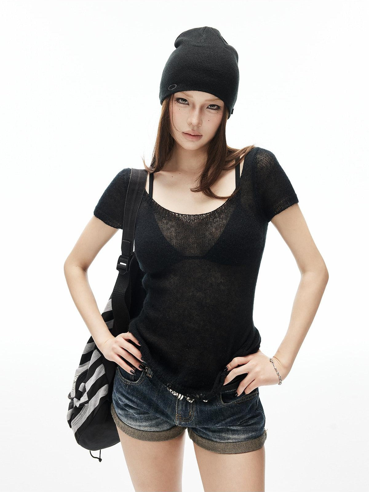 iamxiaa Dreamy Sheer Knit Wide Neck Slim Women&
