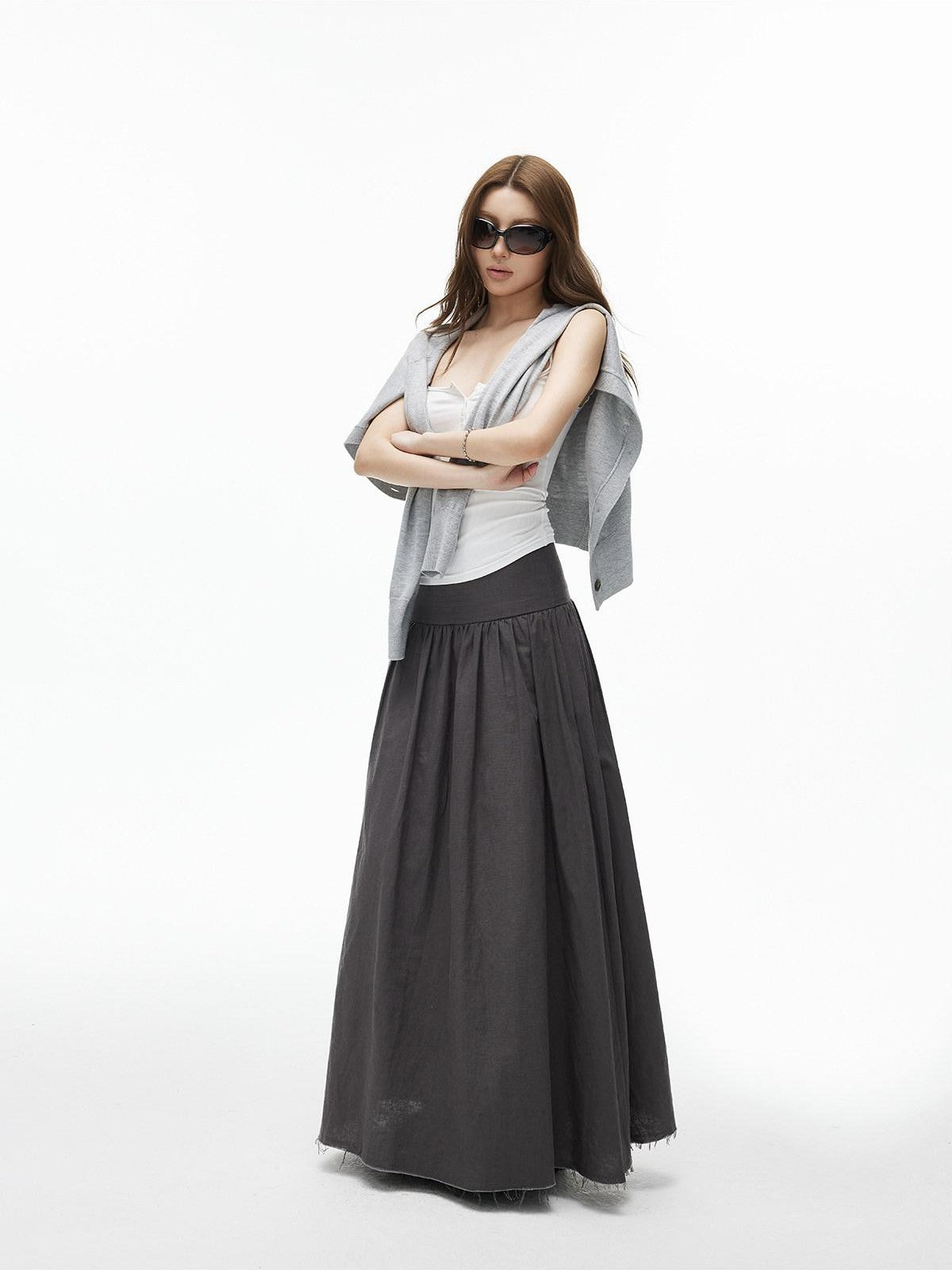 iamxiaa Frayed Hem Pleated Panel Low Waist Women&