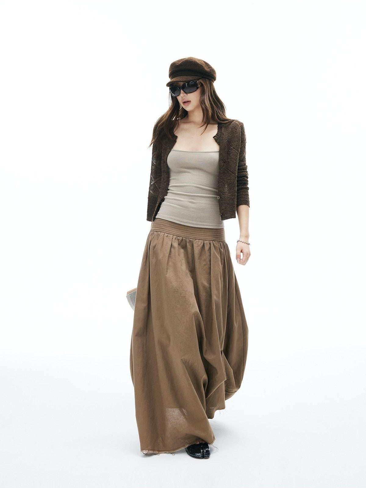 iamxiaa Frayed Panel Pleat Wide Waistband Asymmetric Women&