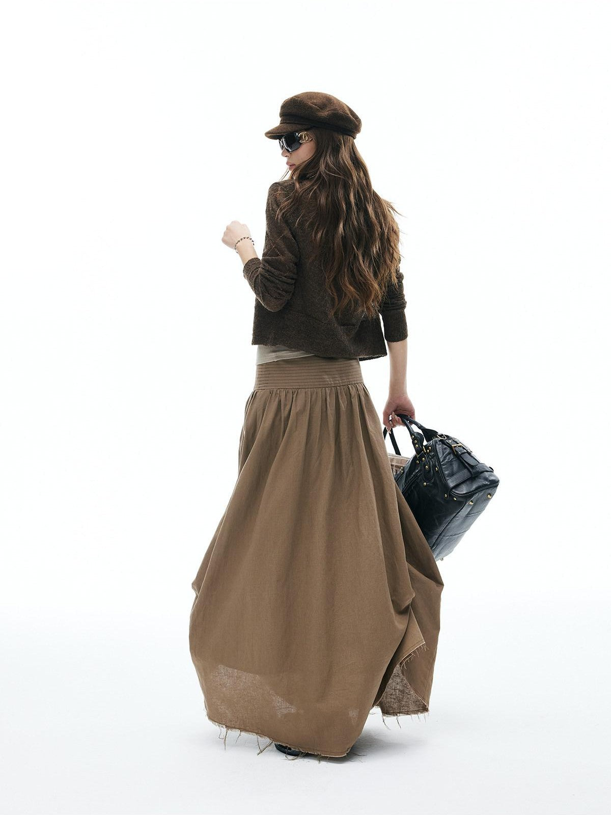 iamxiaa Frayed Panel Pleat Wide Waistband Asymmetric Women&