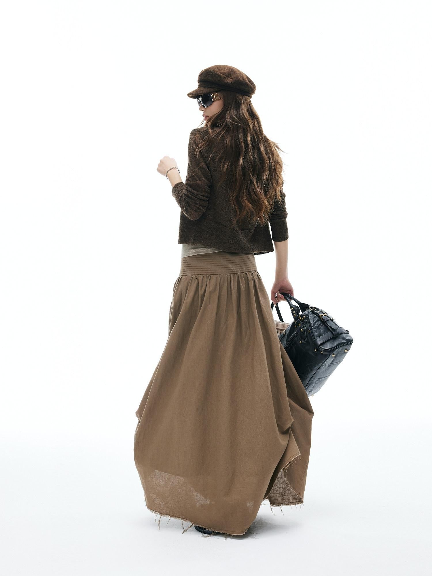 iamxiaa Frayed Panel Pleat Wide Waistband Asymmetric Women&