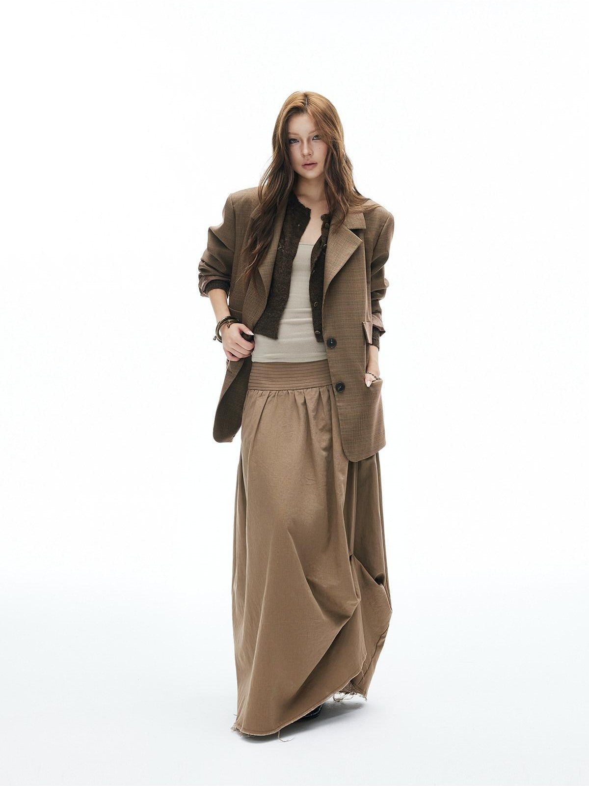 iamxiaa Frayed Panel Pleat Wide Waistband Asymmetric Women&