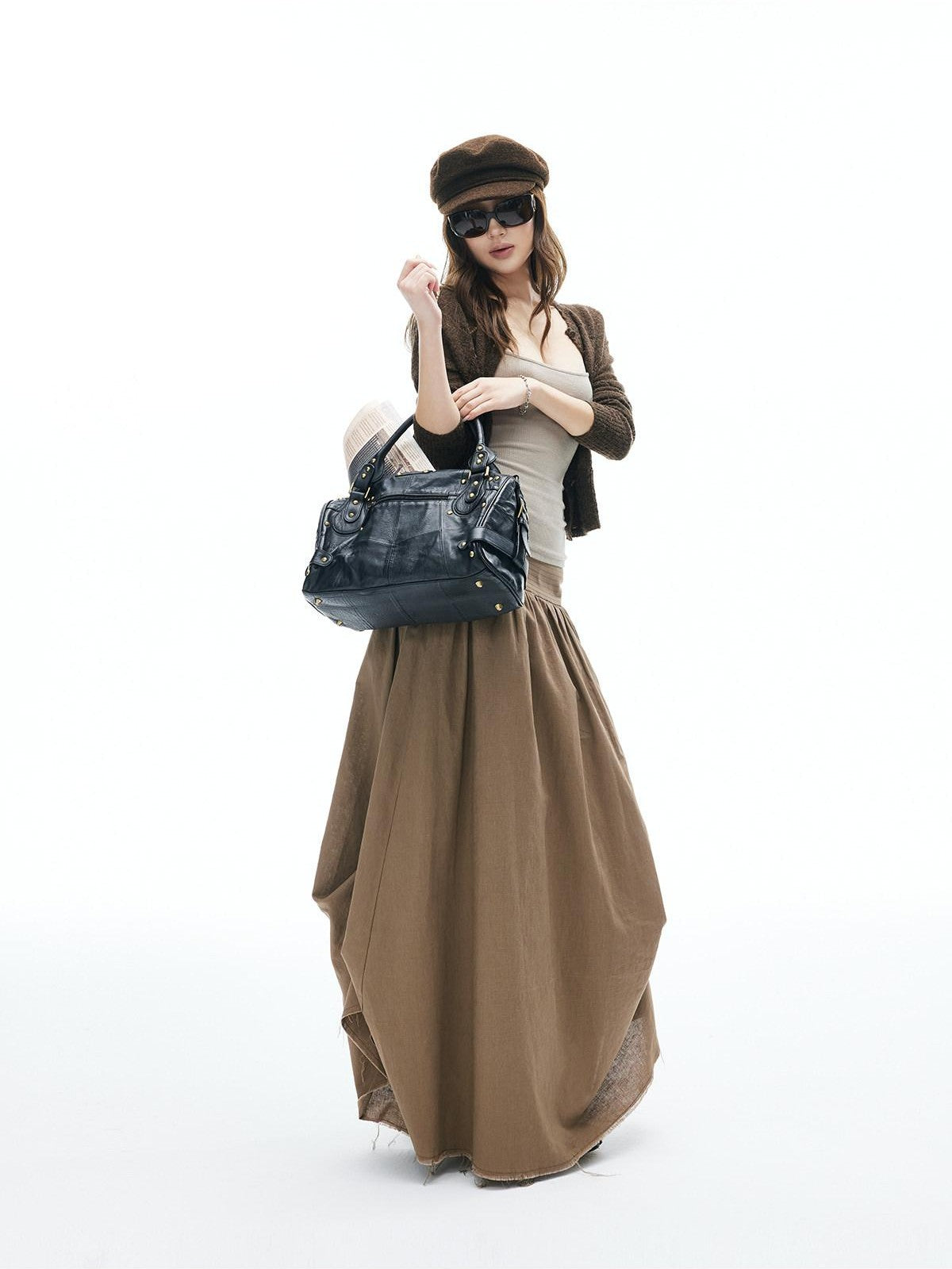 iamxiaa Frayed Panel Pleat Wide Waistband Asymmetric Women&