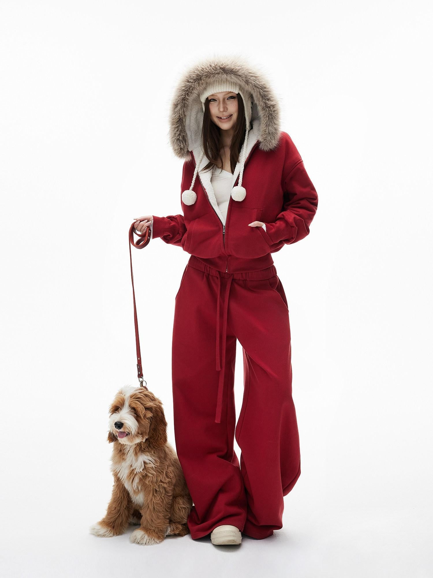 iamxiaa Garment Dyed Lava Red Hooded Eco Fur Fleece Women&