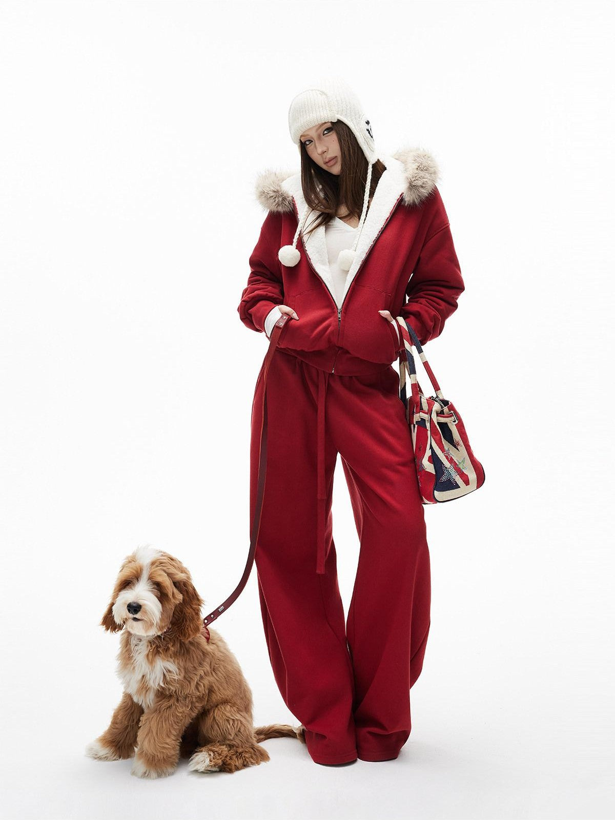 iamxiaa Garment Dyed Lava Red Hooded Eco Fur Fleece Women&
