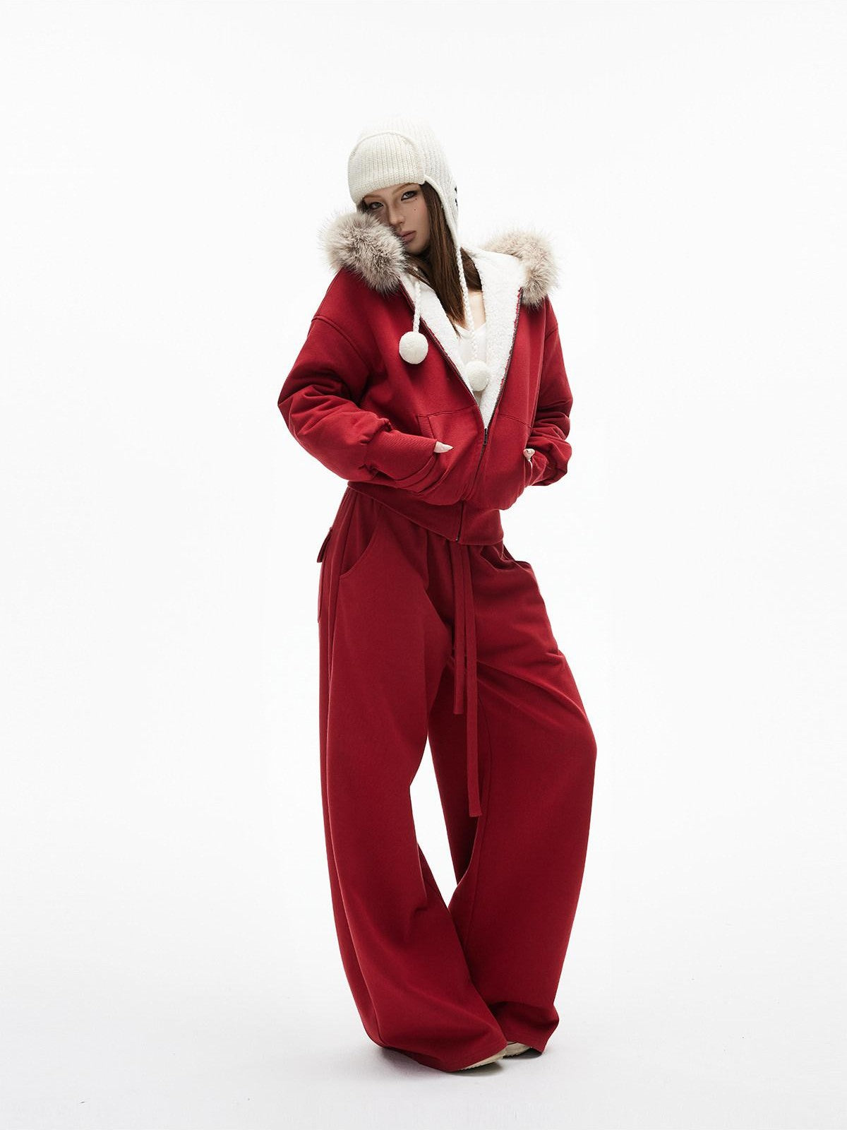 iamxiaa Garment Dyed Lava Red Hooded Eco Fur Fleece Women&