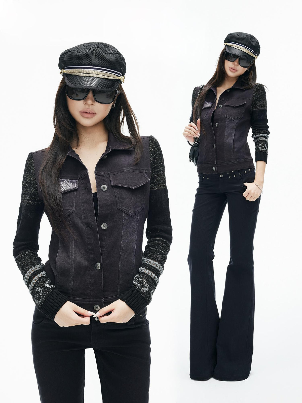 iamxiaa Gold Thread Embroidery Jacquard Knit Sleeve Cotton Twill Patchwork Women&