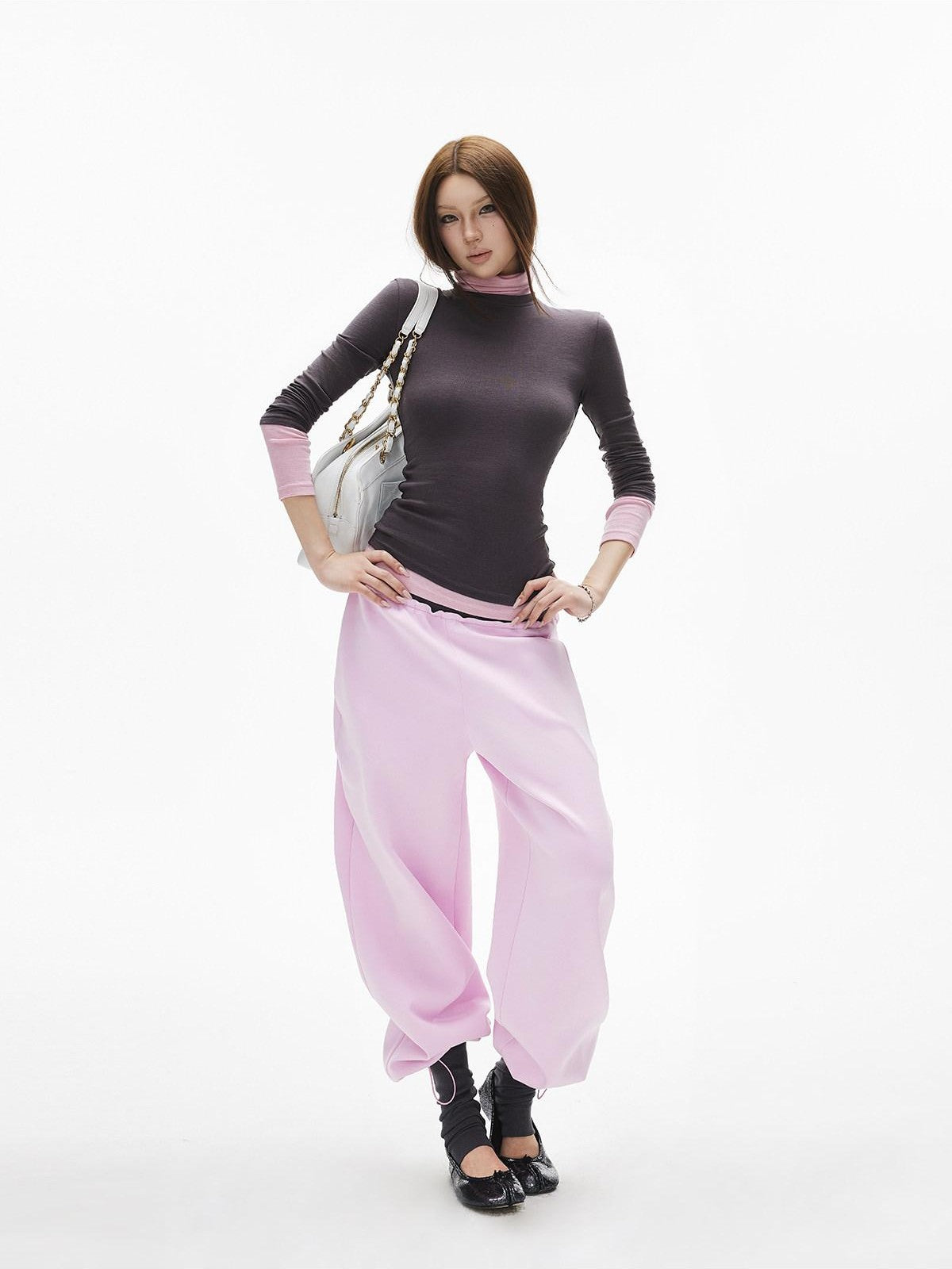 iamxiaa Gray Pink Colorblock Ribbed Low Waist Faux Two Piece Women&
