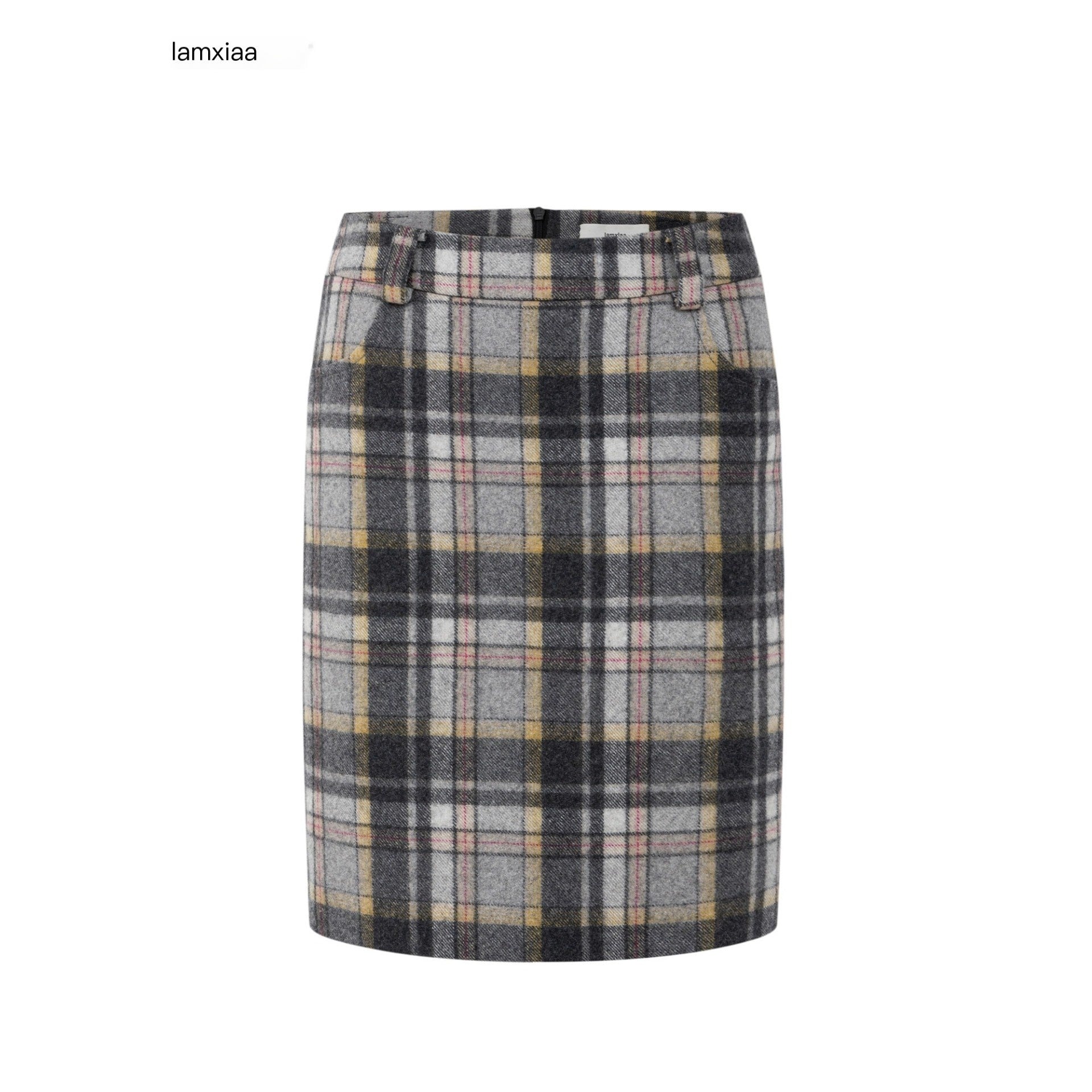 iamxiaa_Gray_Plaid_Leather_Waistband_Straight_Slit_Women&