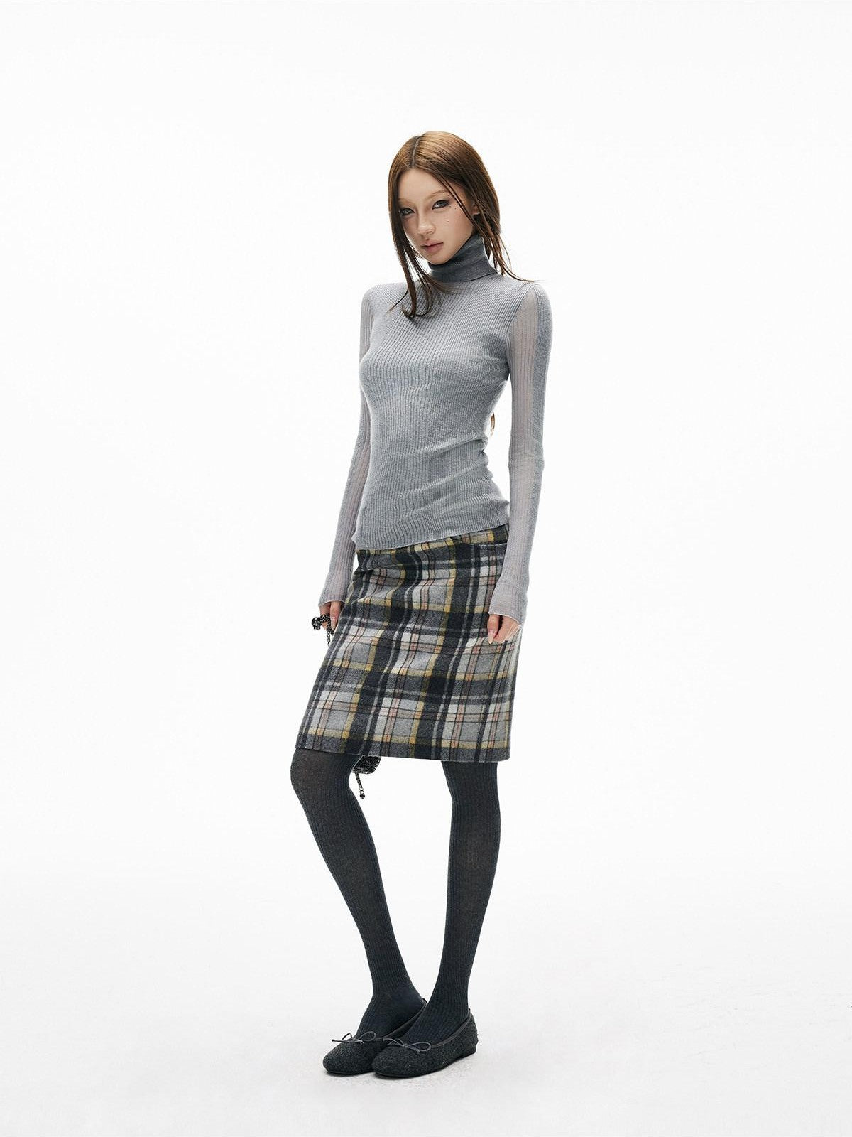 iamxiaa Gray Plaid Leather Waistband Straight Slit Women&