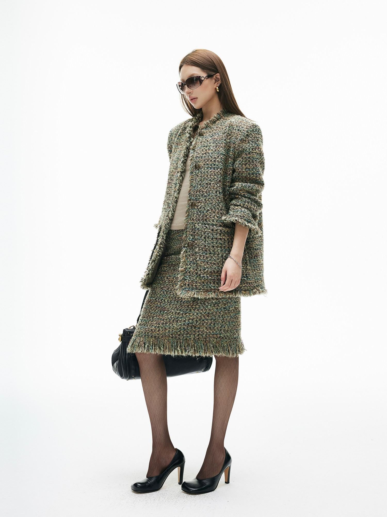 iamxiaa Green Check Woven Tassel Pocket H Jacket Women&