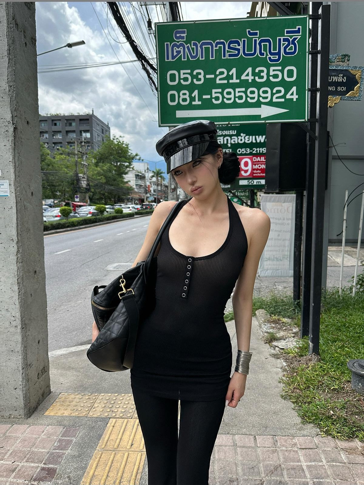 iamxiaa Halter Neck Mesh Flared Pants Women&