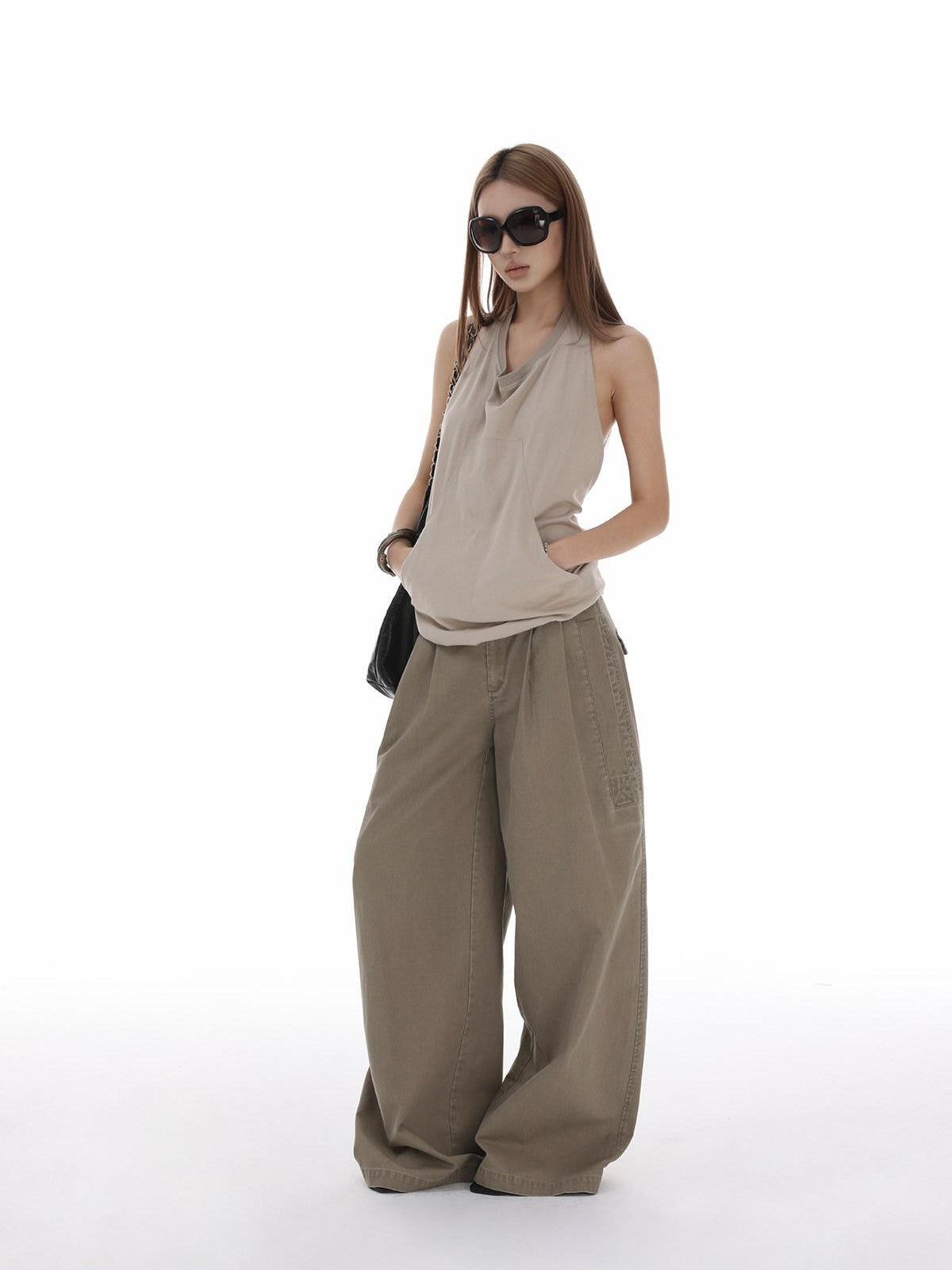 iamxiaa Halter Neck Open Back Drawstring Kangaroo Pocket Women&