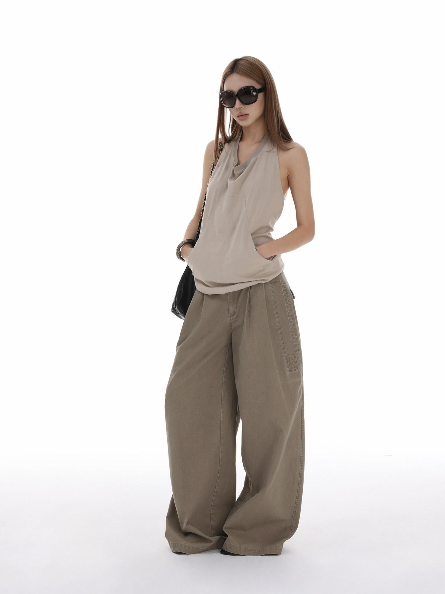 iamxiaa Halter Neck Open Back Drawstring Kangaroo Pocket Women&