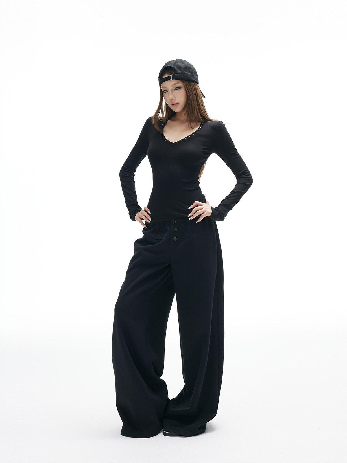 iamxiaa Heart V-neck Rhinestone Studded Women&