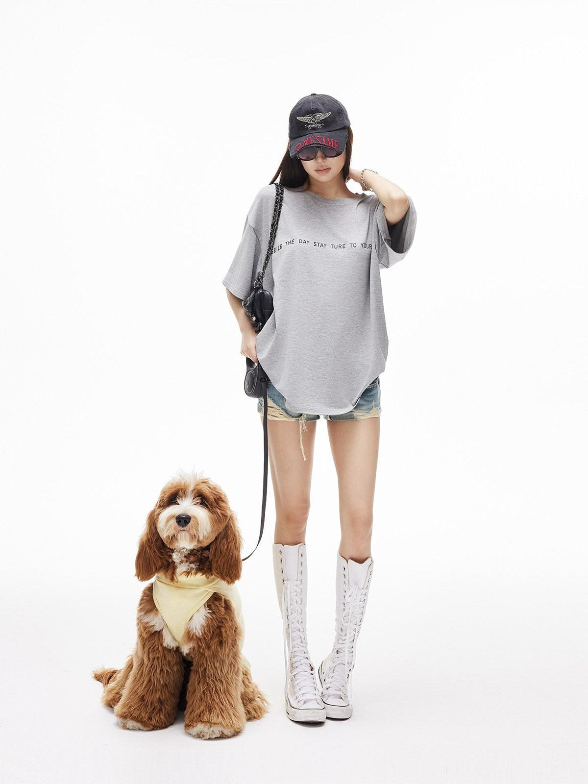 iamxiaa Heather Gray Letter Print Crew Neck Drop Shoulder Women&