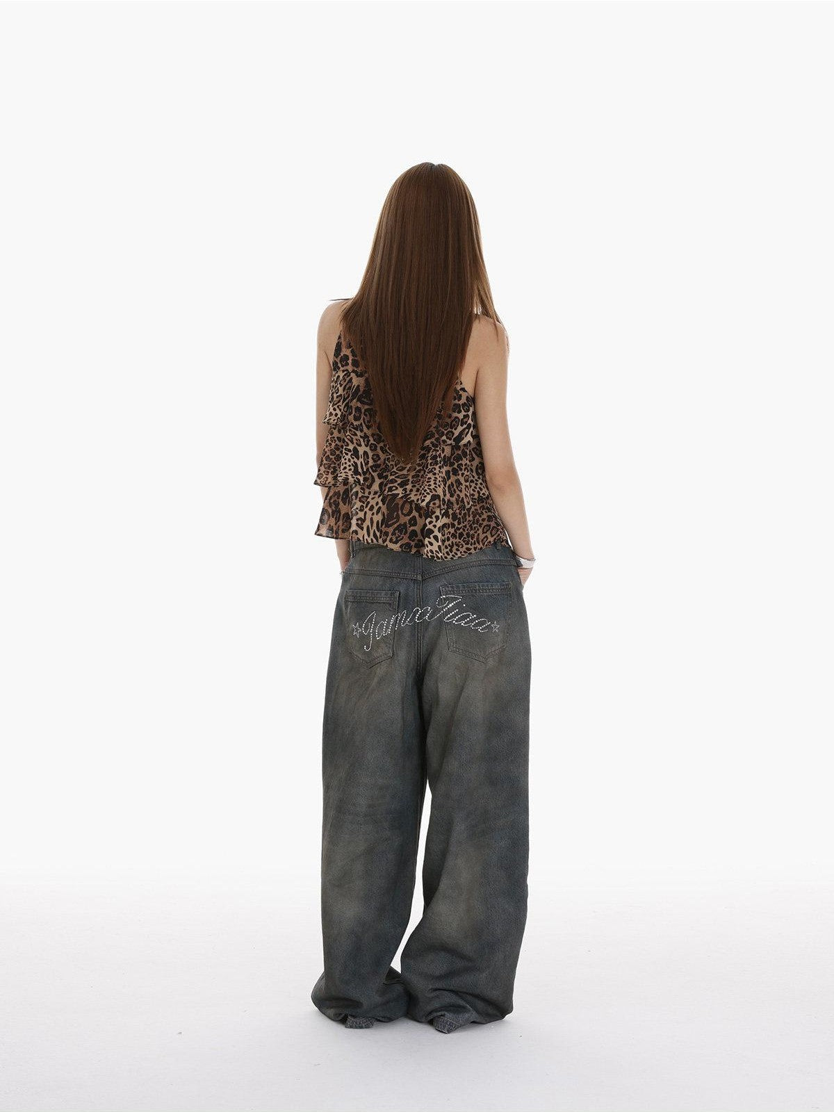 iamxiaa Heavy Wash Rhinestone Low Rise Women&