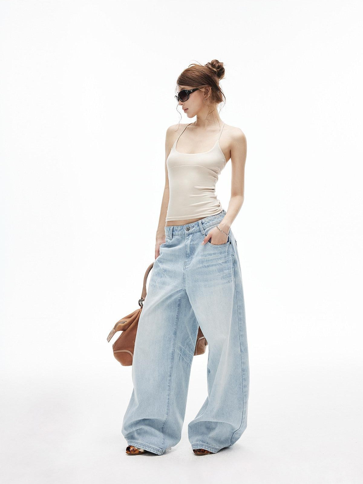 iamxiaa Ice Blue Washed Deconstructed Back Pockets Low Rise Women&