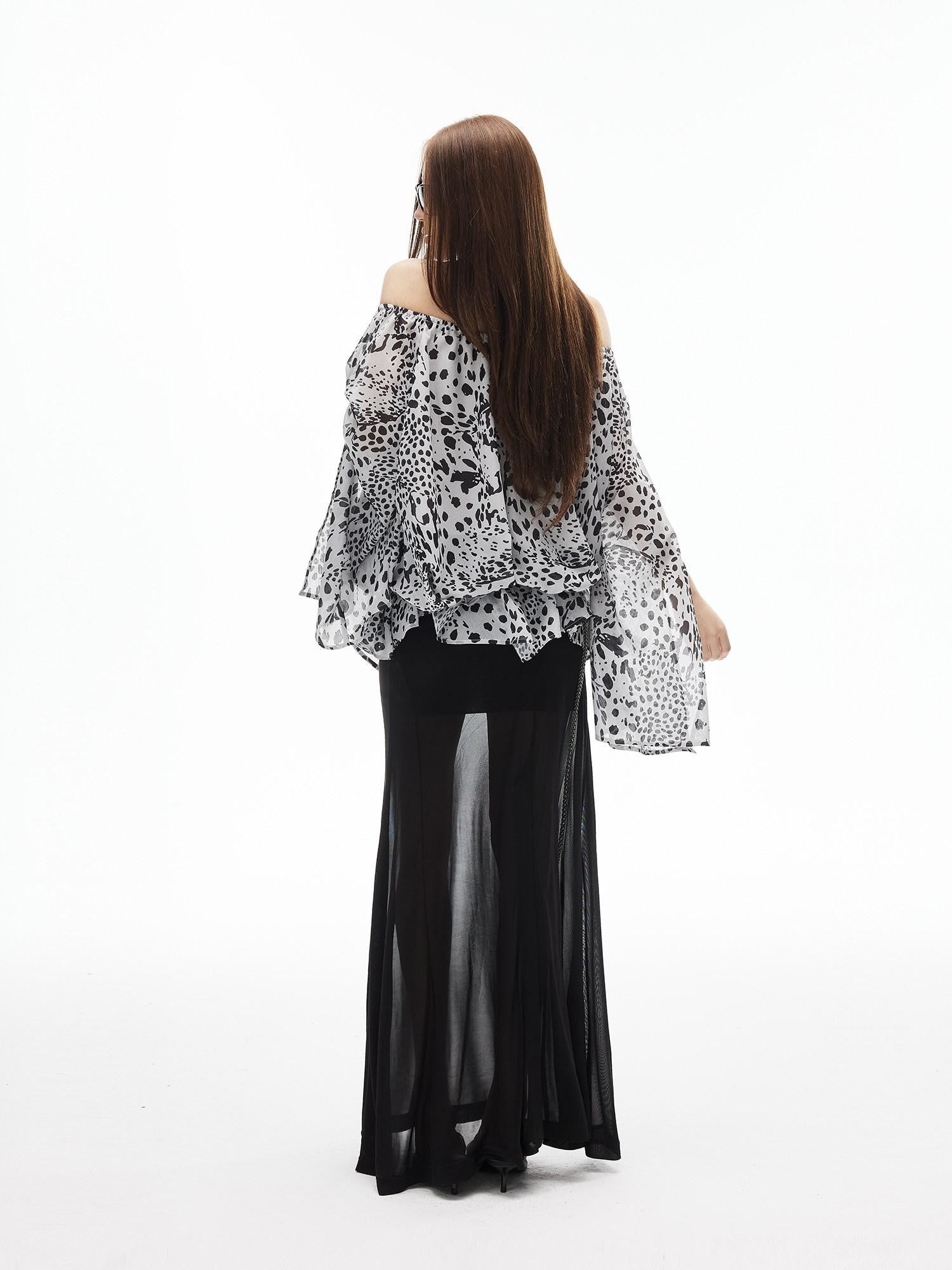 iamxiaa Ink Wash Leopard Off Shoulder Bell Sleeves Women&