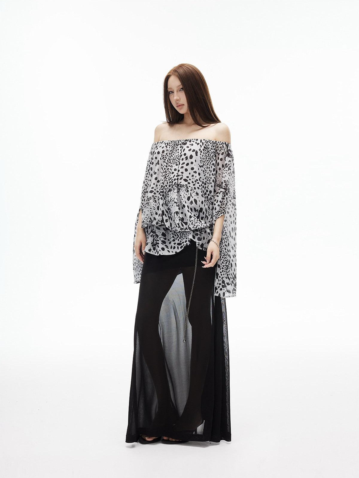 iamxiaa Ink Wash Leopard Off Shoulder Bell Sleeves Women&