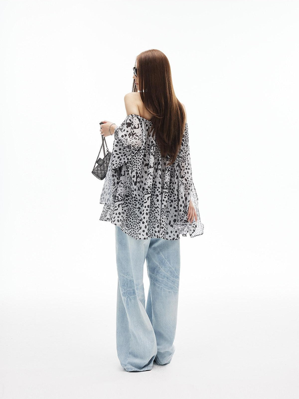 iamxiaa Ink Wash Leopard Off Shoulder Bell Sleeves Women&