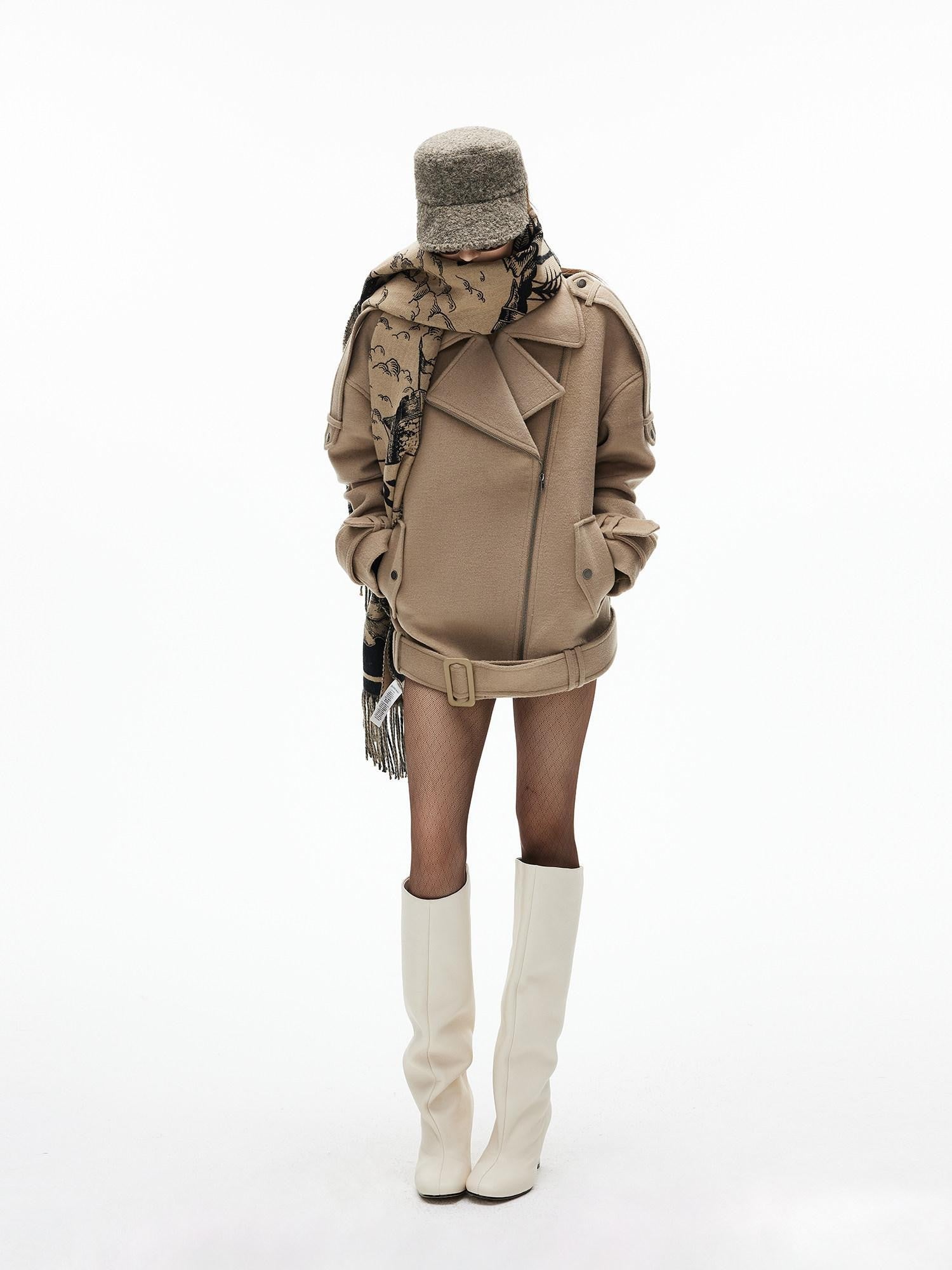 iamxiaa Khaki Asymmetric Biker Notched Lapel Vintage Women&