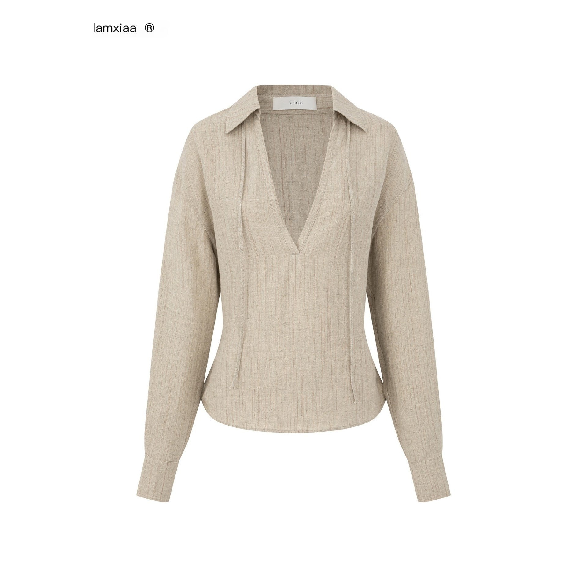iamxiaa_Khaki_Textured_V-neck_Back_Tie_Drop_Shoulder_Women&