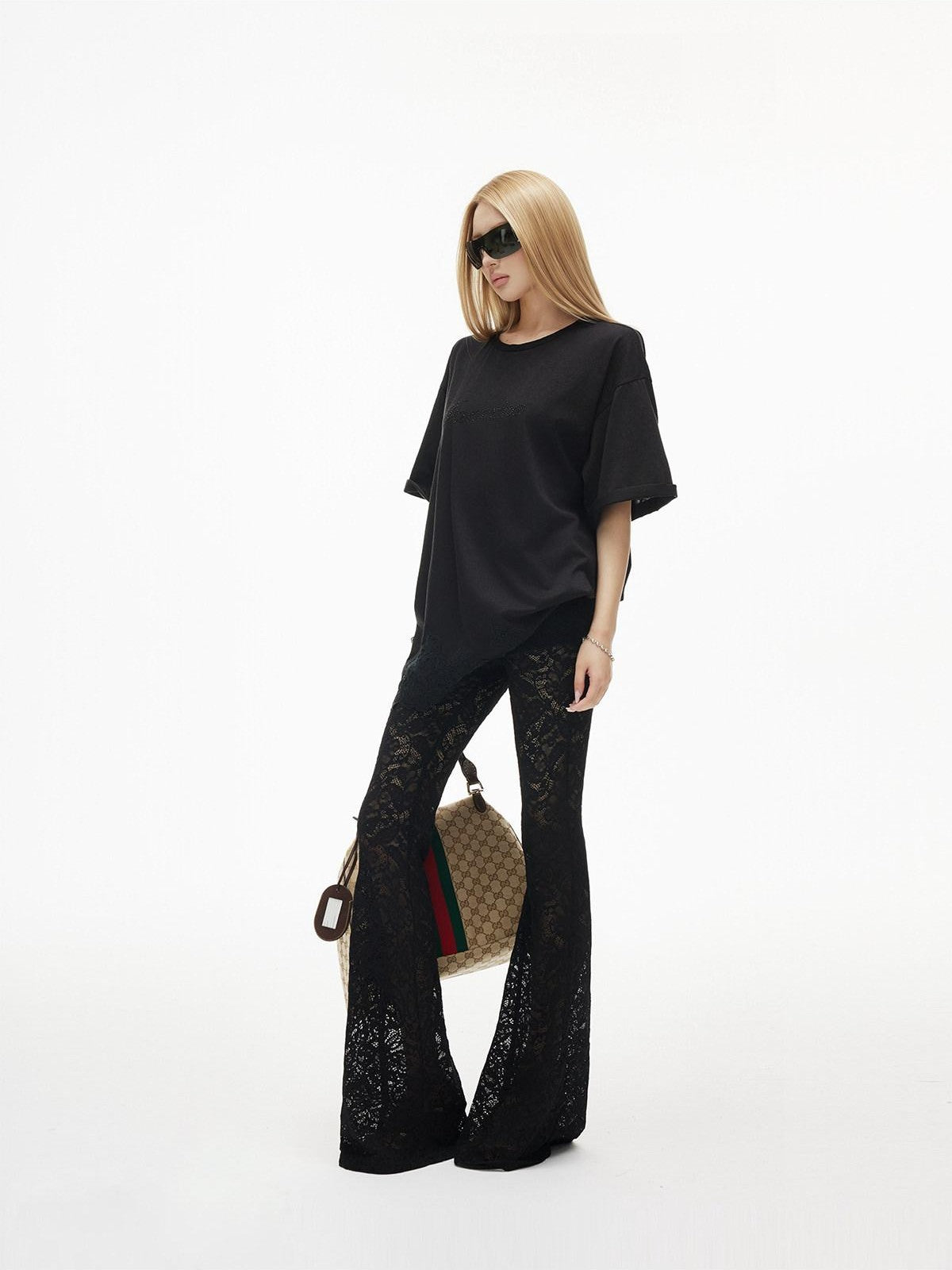 iamxiaa Lace Hem Script Rhinestone Crewneck Women&